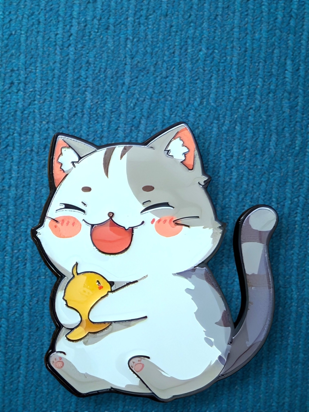 Cute Cat Enamel Pin with Duck - White, Gray, Pink